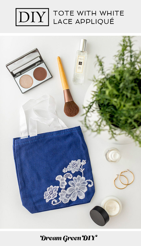 DIY Tote Bag With White Lace Appliqué | dreamgreendiy.com + @orientaltrading