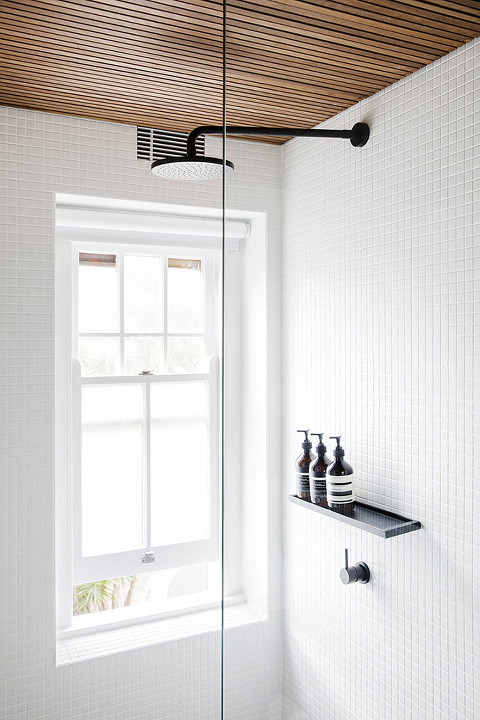 White square tile in a shower