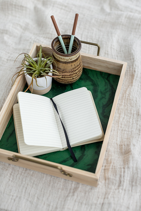 DIY Wood Tray With Green Marble Wallpaper