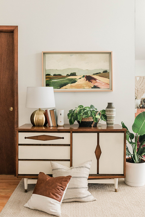 Boho mid-century console styling